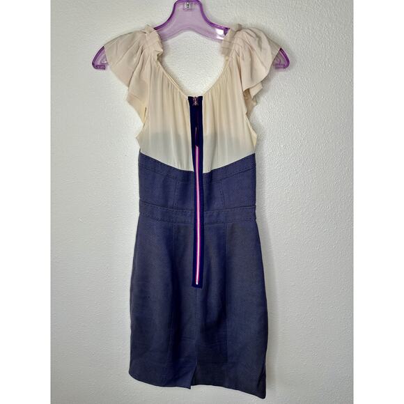 Rebecca Taylor Cream Ruffle Pleat Shoulder Blue Jean Stripe Linen Sheath Dress 0 - Picture 3 of 12